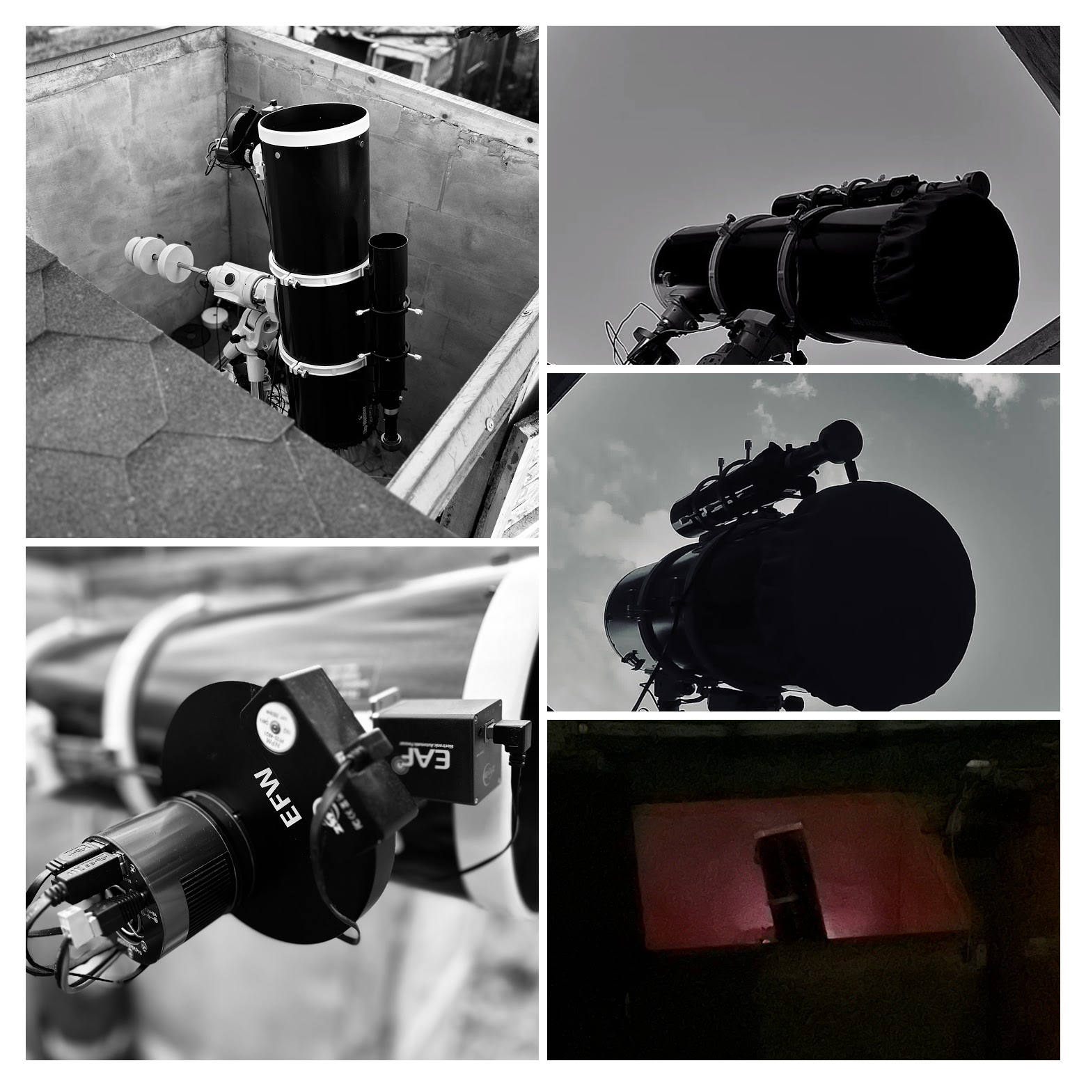 Meshtitsa Observatory setup: the 0.25-m Newtonian on its EQ6-R Pro mount inside the roll-off enclosure, capped and parked under daylight, and the ZWO filter wheel and electronic focuser at the focuser end.